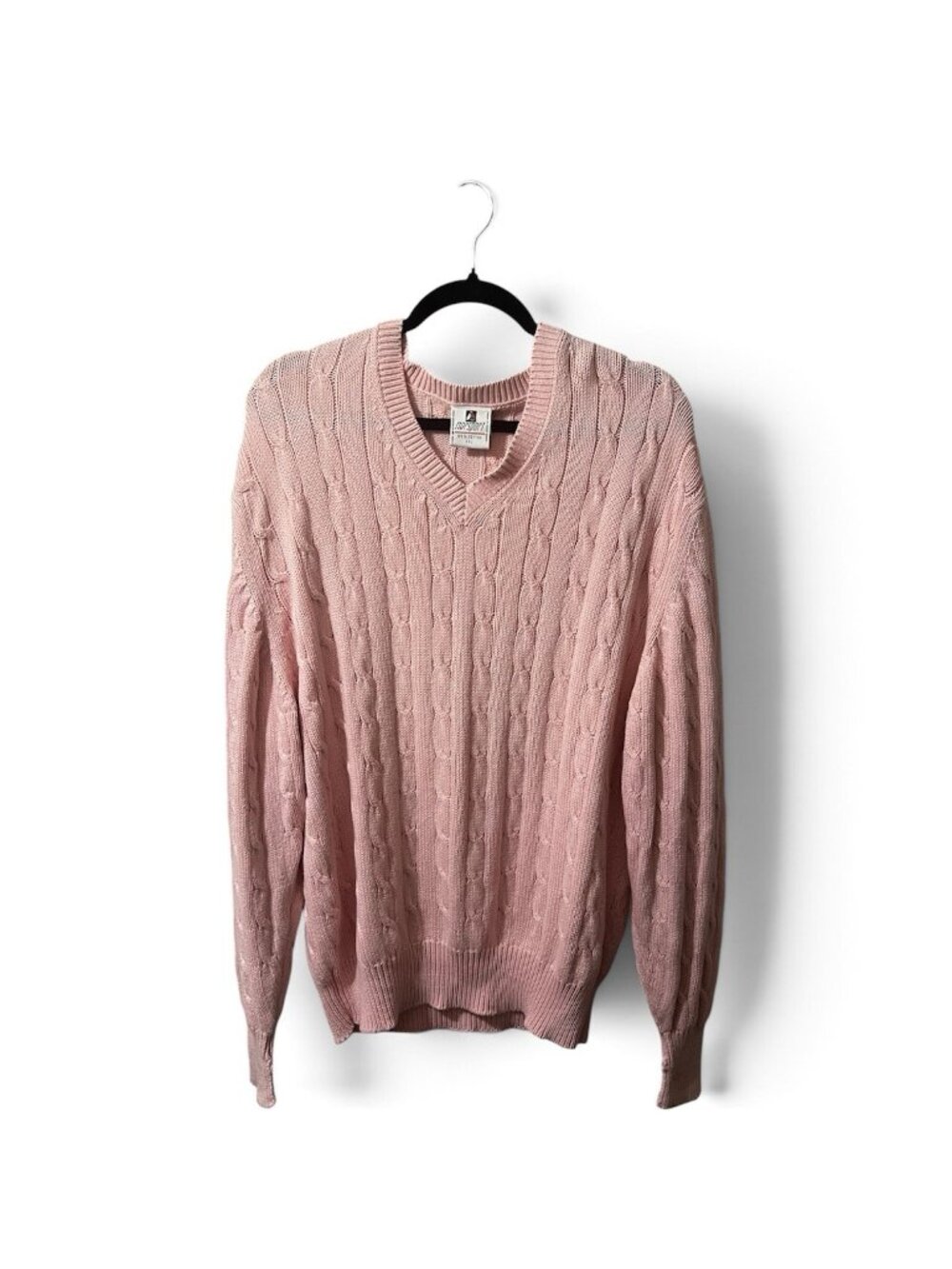 Vintage Norsport Mens XXL Pastel Pink Cable Knit V-Neck Sweater 100% Cotton
